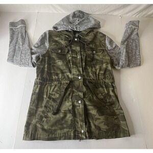 Mudd Womens Jacket Medium Hooded Cargo Military Zip Up Snap Knit Sleeve Gray